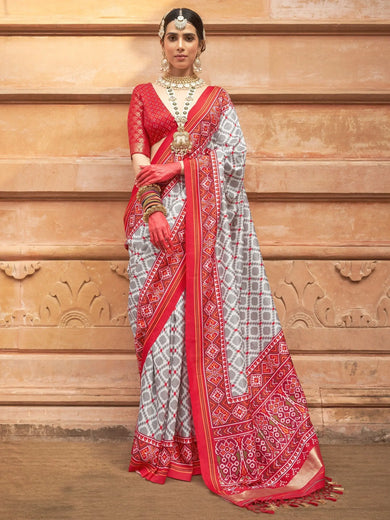 Gorgeous Grey Patola Printed Silk Festival Wear Saree With Blouse